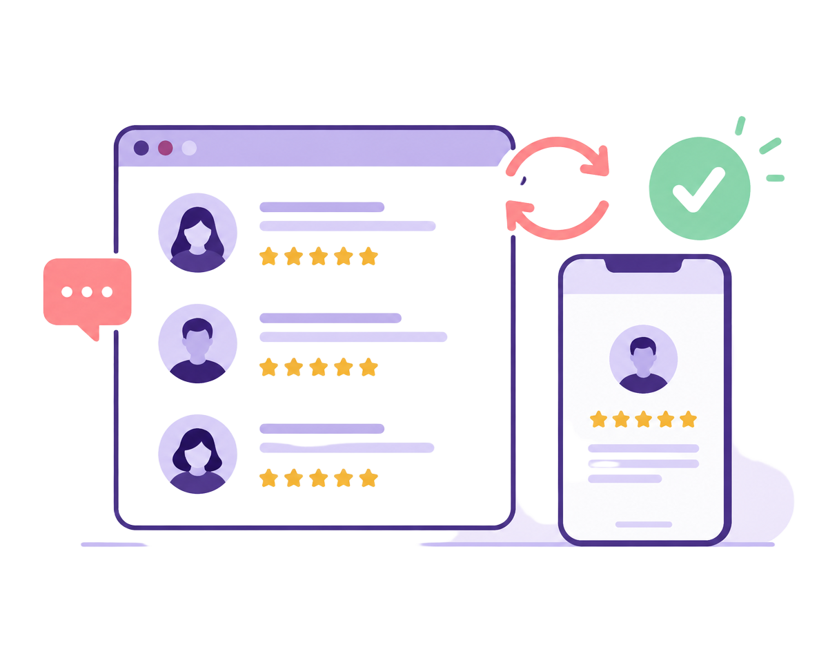Illustration of review widgets on a website and mobile screen